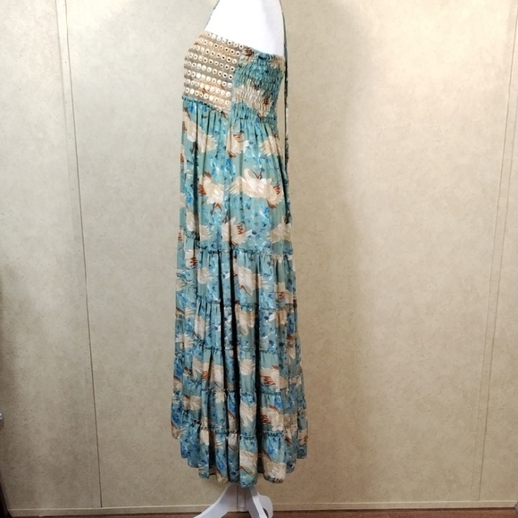 04099 Raga aqua, tan & rust bird print tiered satin strapless maxi dress M - Picture 7 of 14